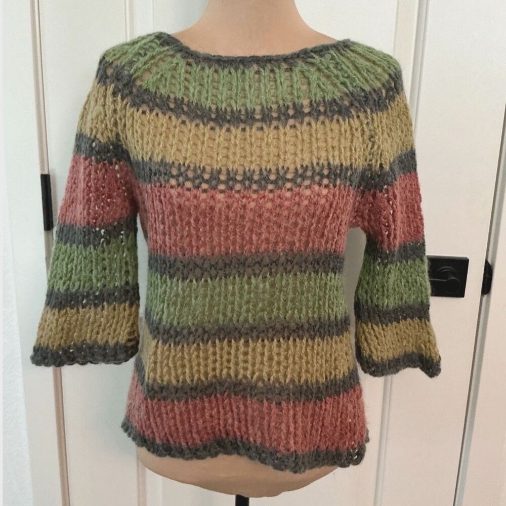 Rubbish Women’s M Mohair Blend Open Knit Boho Striped Bell Sleeve Sweater